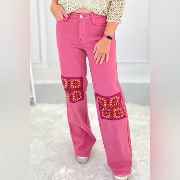 Judy Blue Pink Wide-Leg Jeans with Crochet Patches with all the stretch. - Picture 1 of 6